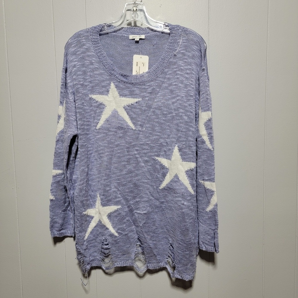 Spencer + Ella Women's Medium M Blue Purple Star Distressed Knit‎ Sweater
